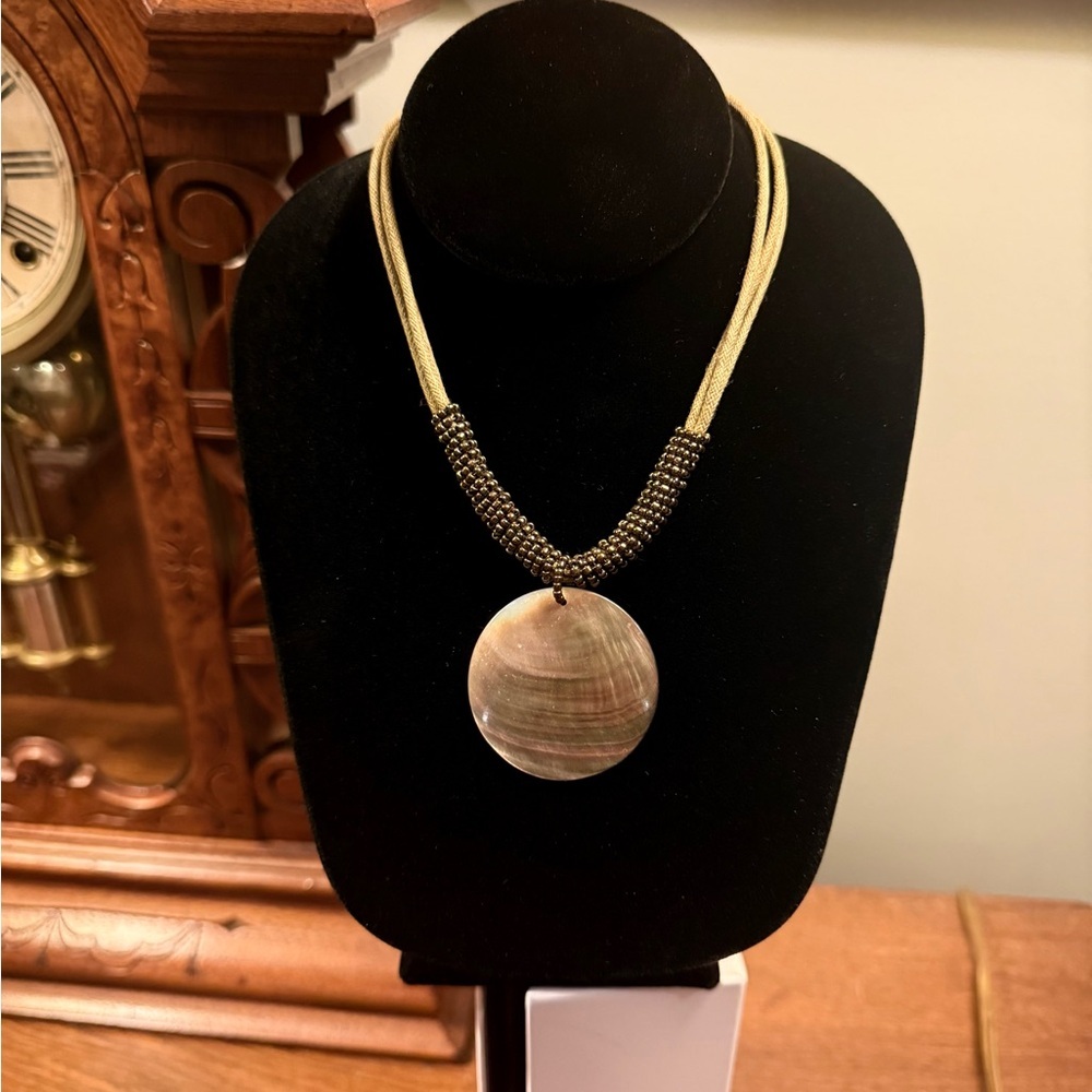 Lia Sophia Corded Bronze Beaded Necklace MOP Mother of Pearl Pendant 16” - Picture 5 of 7